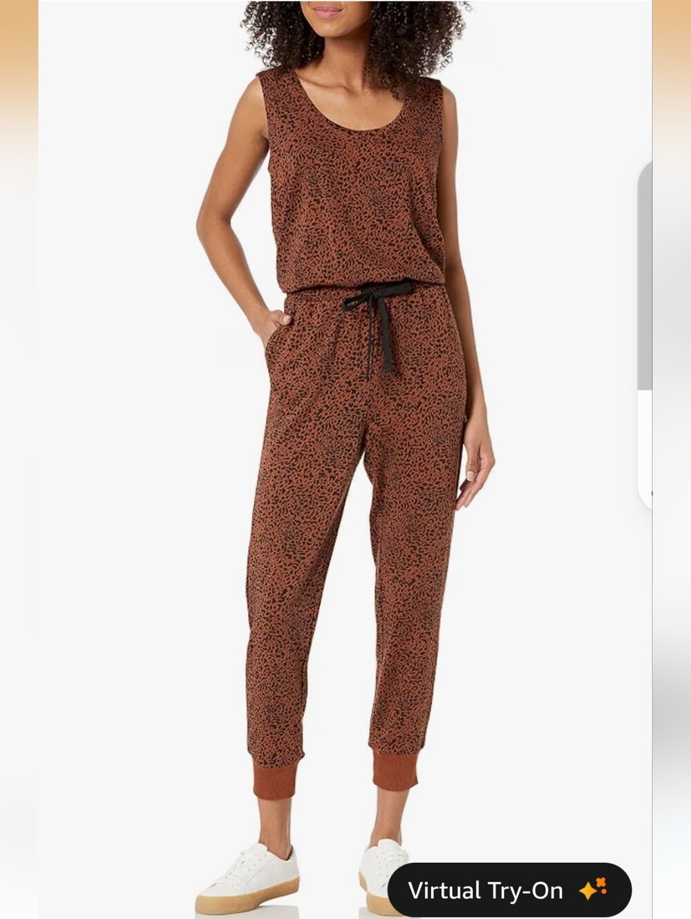 Amazon Essentials Brown Printed Sleeveless Knit Jumpsuit